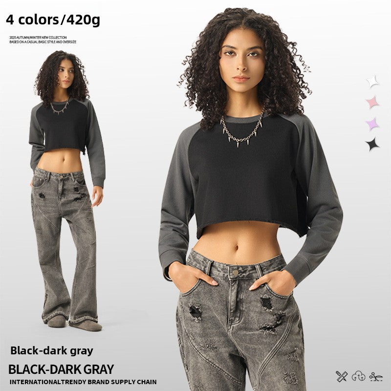 Women’s Contrast Color Raglan Long Sleeve Crop T-Shirt – Slim Fit Round Neck Casual Top