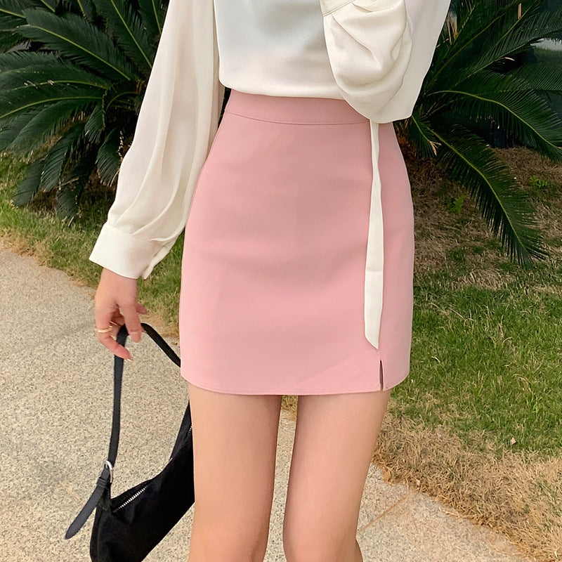 Women’s Solid Color Split A-Line High Waist Slim Skirt