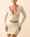 Women's Sexy V-neck Backless Long-sleeved Top Fashionable Dress Set