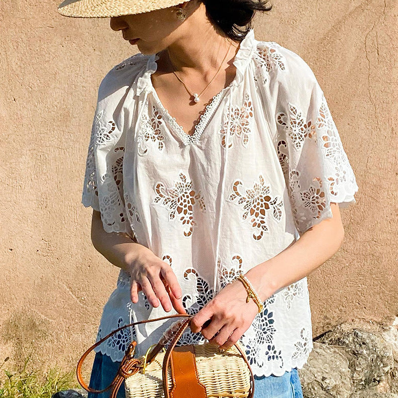 🌸 French Riviera Elegance: Women&#39;s Embroidered Cotton Lace Blouse