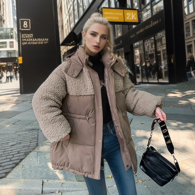 Women’s Cotton-Padded Lamb Wool Coat – Drawstring Waist Thickened Winter Jacket