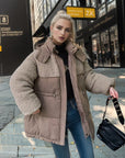 Women’s Cotton-Padded Lamb Wool Coat – Drawstring Waist Thickened Winter Jacket