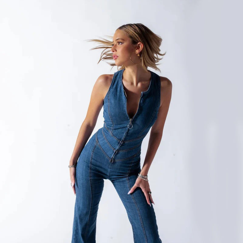 Women’s Heart-Shaped Backless Denim Jumpsuit – Halter Neck, High-Waist Zip-Up Slim Retro One-Piece