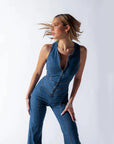 Women’s Heart-Shaped Backless Denim Jumpsuit – Halter Neck, High-Waist Zip-Up Slim Retro One-Piece