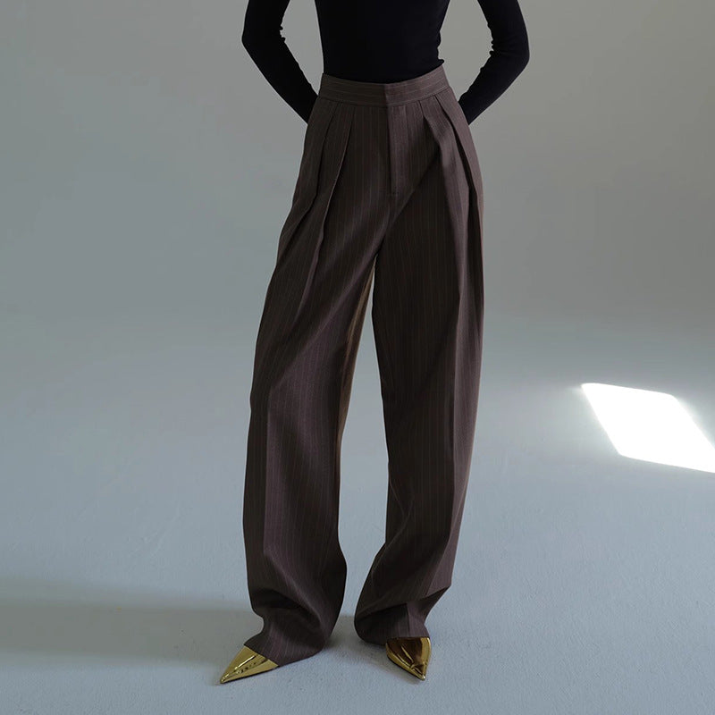 Women Striped Suit Baggy Pants – Wide-Leg Nine-Point Retro High Street Trousers