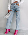 Women’s Washed Chain Ripped Jeans - Straight Leg Comfort