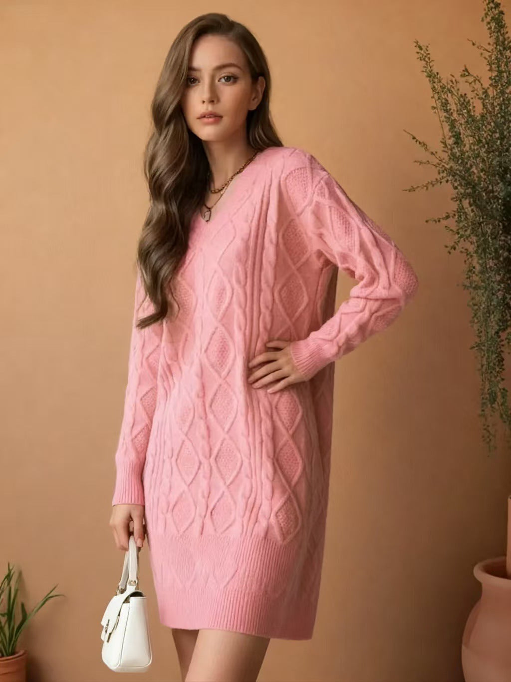 WOMEN Mid-length Sweater V-neck Knitted Twist Dress