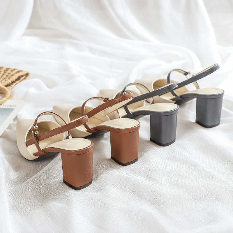 Women’s Pointed Toe T-Strap Buckle Sandals – Elegant Open-Back Chunky Block Heel (6.5cm) Dress Shoes for Casual, Office &amp; Party Wear