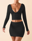 Women's Sexy V-neck Backless Long-sleeved Top Fashionable Dress Set