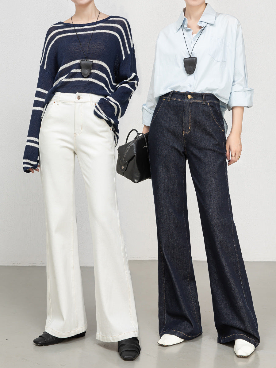 High-Waisted Flared Stretch Denim Jeans for Women – Tummy Control Micro Flare Washed Denim Pants with Four-Way Stretch