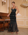 Women’s Black Strapless Long Dress – Nailhead Embroidery, Fringe Bandage Detail, Sleeveless Pencil Silhouette