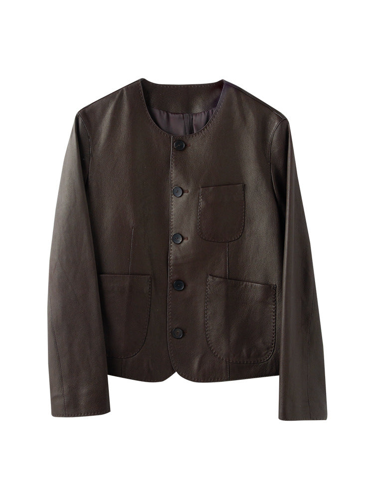 Women’s Genuine Sheepskin Short Jacket – Slim-Fit Round-Neck Artistic Retro Leather jacket