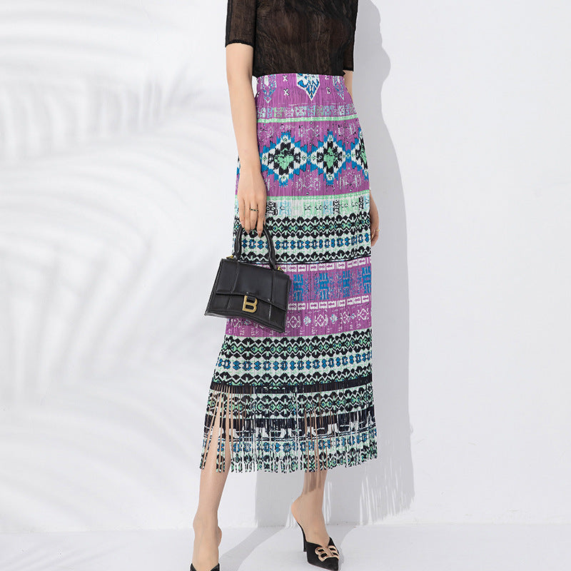 Women’s Summer Pleated Long Skirt - Hand-Painted Print Polyester Maxi Skirt