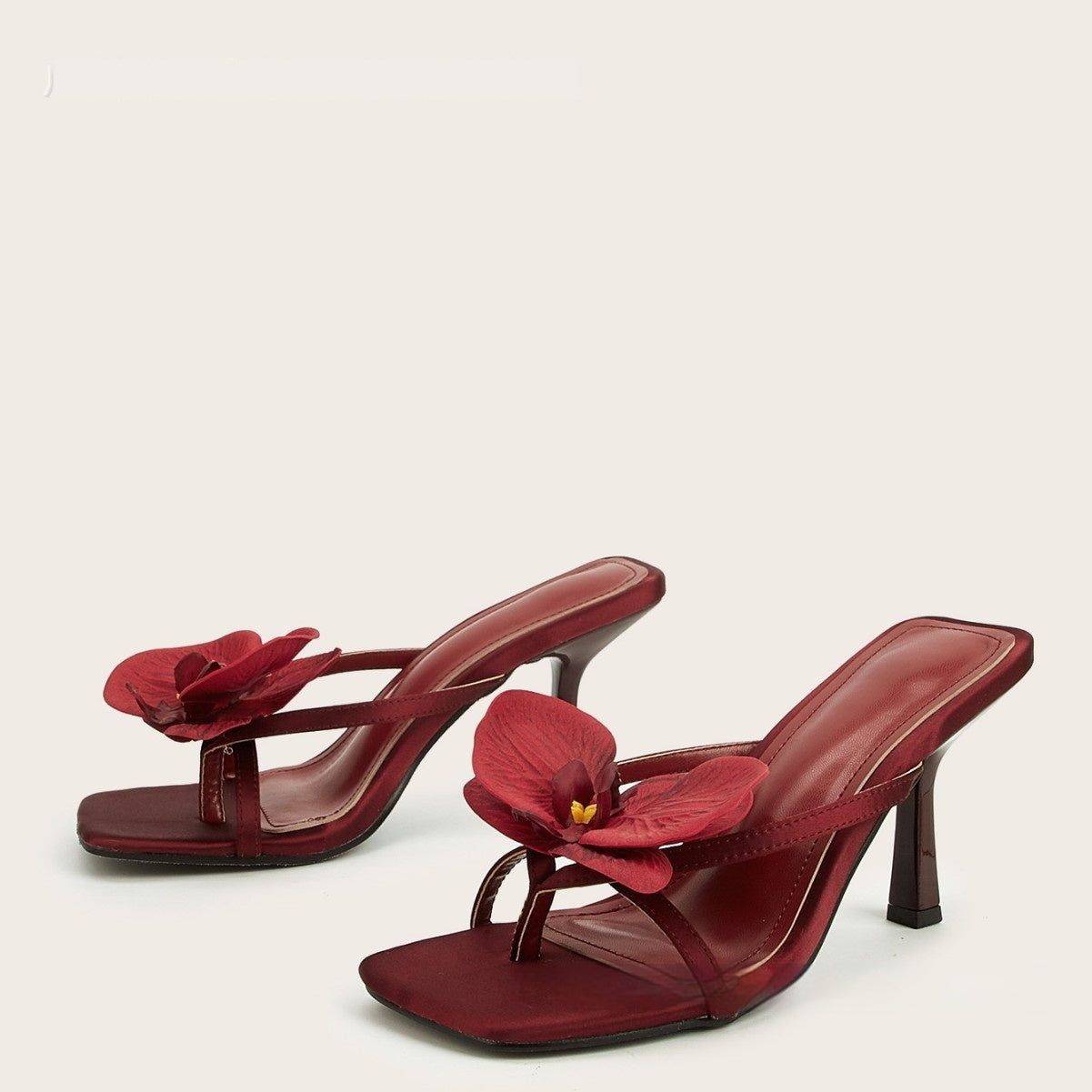 Women’s Wine Red Meiko Flower Square-Toe High Heel Sandals