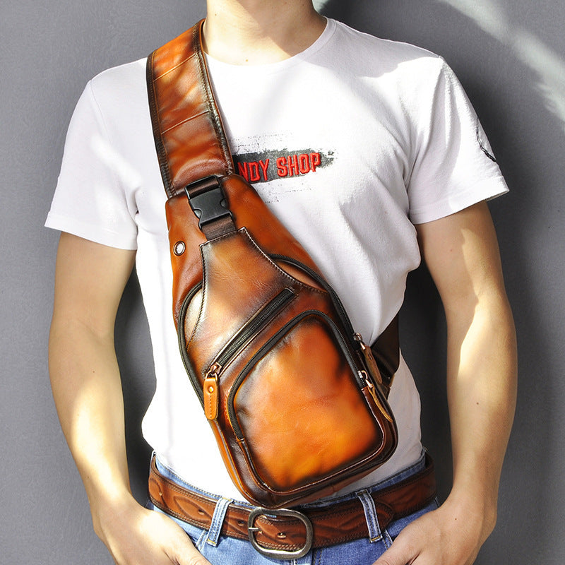 Men’s Genuine Cowhide Leather Chest Bag – Simple Retro Crossbody Satchel