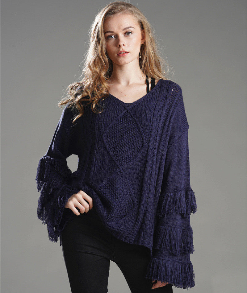 Loose Sweater Women Tassel Pure Color