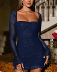 Women’s Sexy See-Through Sequin Gauze Dress – Long Sleeve High Waist Bodycon