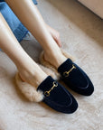 Women’s Rabbit Fur Slippers – Suede Flat Mules with Metal Detail