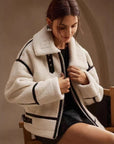 Women’s Thickened Lamb-Mohair Leather-Look Biker Jacket – Sweet Style Fur-Collar Patchwork Coat