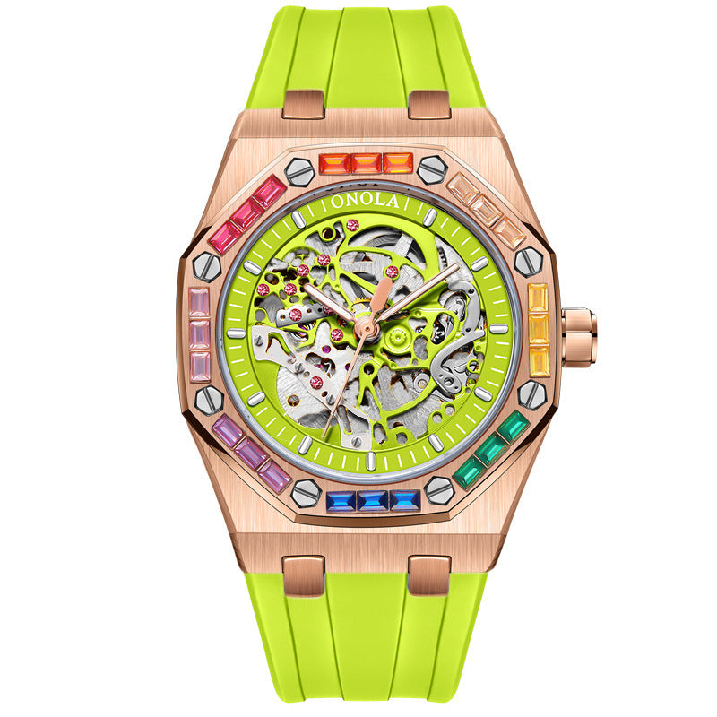 Men&#39;s Silicone Band Rainbow Diamond Automatic Mechanical Watch