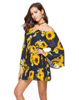 Women’s Printed Tie-Neck Dress – Elastic Waist, One-Shoulder Collar & Lotus Leaf Sleeves