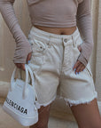 Raw-Edge Overalls Shorts – Distressed Denim | Utility Pockets | Women’s High-Waisted Shorts (S-XL)
