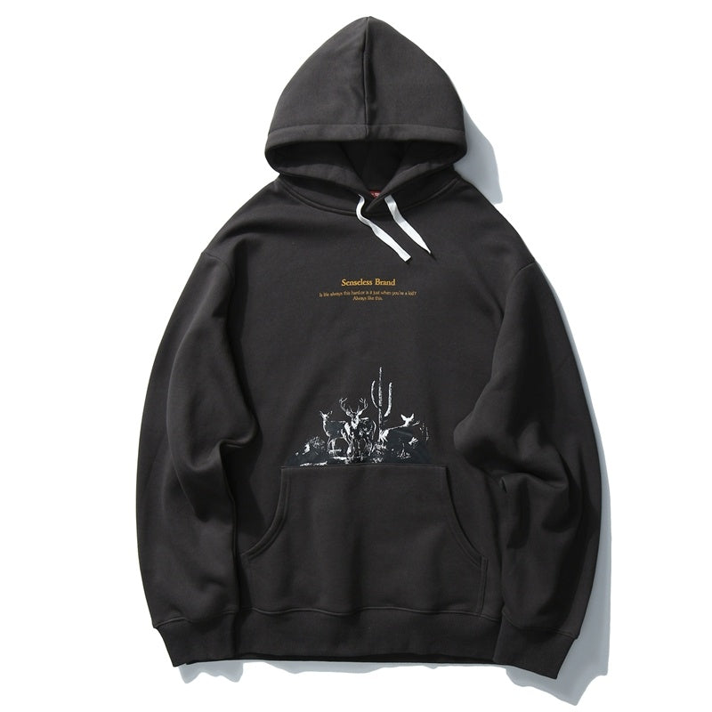 Men’s Hip Hop Winter Hoodie – Fleece Sweatshirt with Deer Print