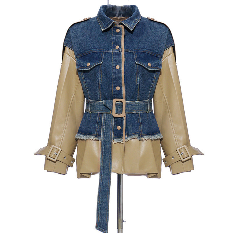 women Denim stitching leather jacket