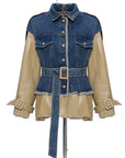 women Denim stitching leather jacket