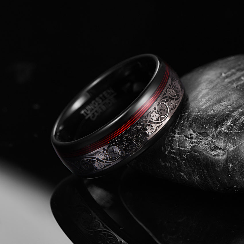 8mm Wide Electroplated Black Spiral Red Tungsten Steel Ring