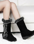 Brown New Winter Women Casual Warm Fur Mid-Calf Boots Shoes Women Slip-On Round Toe Flats Snow Boots Shoes