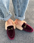 Women’s Rabbit Fur Slippers – Suede Flat Mules with Metal Detail