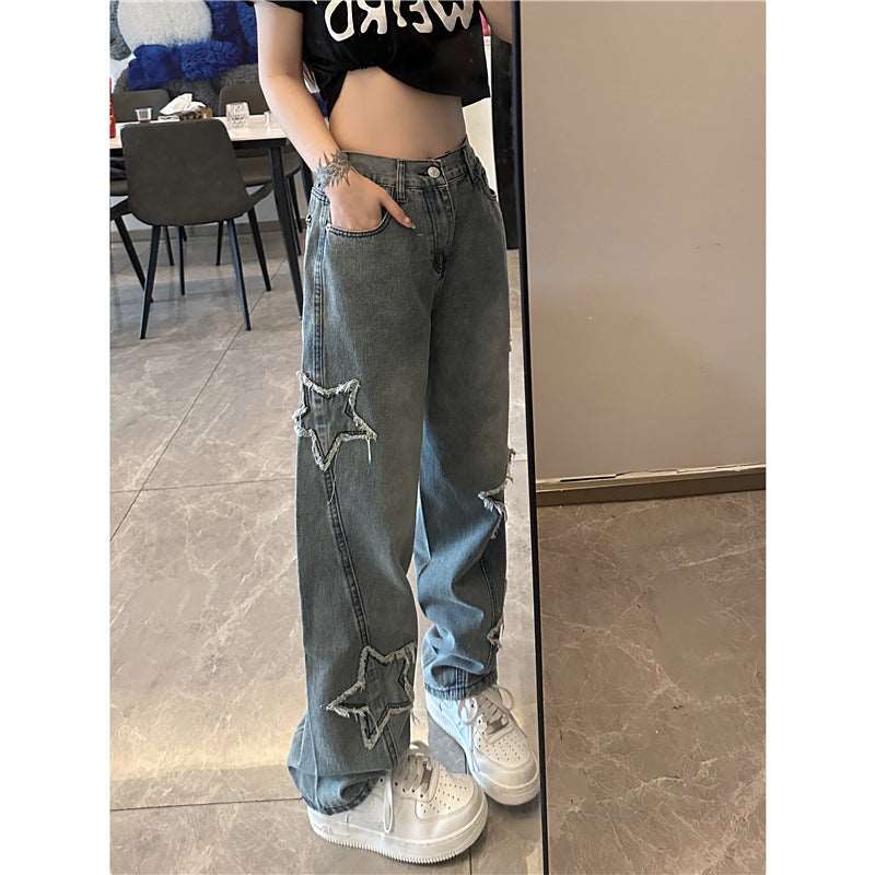 Blue Embroidered Jeans Women Loose Straight-leg Wide-leg Pants