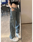 Blue Embroidered Jeans Women Loose Straight-leg Wide-leg Pants