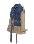 women Denim stitching leather jacket