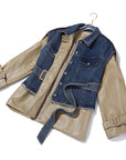 women Denim stitching leather jacket