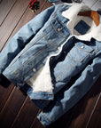 Denim Bomber Jacket with Fur Men Black High Quality Fashion Jeans Jacket Fleece Winter Jeansjacke Herren Men Blue Oversized