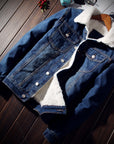 Denim Bomber Jacket with Fur Men Black High Quality Fashion Jeans Jacket Fleece Winter Jeansjacke Herren Men Blue Oversized