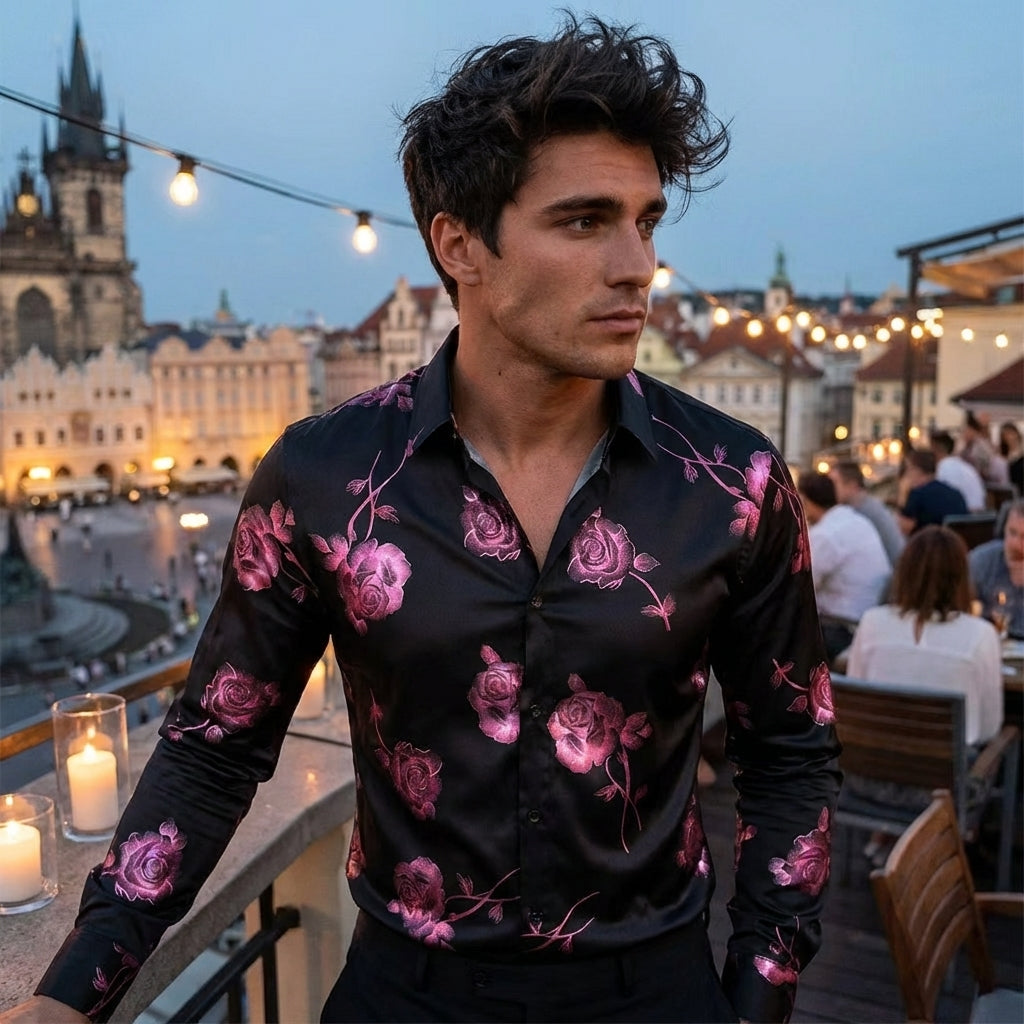 Men Floral Print Long Sleeve Shirt – 3D Digital Printed Stretch Slim Fit Urban Lapel Dress Shirt
