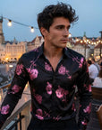 Men Floral Print Long Sleeve Shirt – 3D Digital Printed Stretch Slim Fit Urban Lapel Dress Shirt