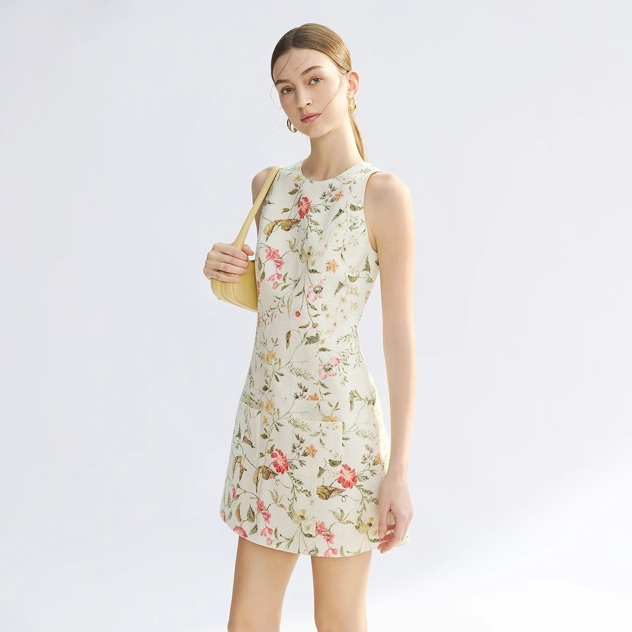 Women Business Short Cotton Dress – French Jacquard A-Line Sleeveless High Waist Commuter Dress