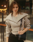Women’s Large-Collar Lapel Short Knit Sweater – Slim-Fit Soft Texture Chic Style