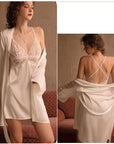 Women’s Sexy Ice Silk Lace Pajama Set – Thin Sling Nightgown with Chest Pad (3-Piece Set)