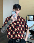 Ancient Hit Color Plaid Shirt Men's Summer Korean Style Drape Handsome Detachable Brooch Flower Shirt