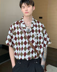 Ancient Hit Color Plaid Shirt Men's Summer Korean Style Drape Handsome Detachable Brooch Flower Shirt
