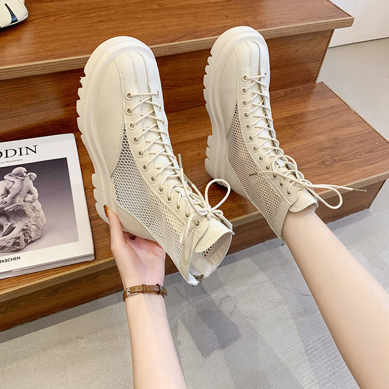 Thick-Soled White Mesh Hollow Short Boots Women