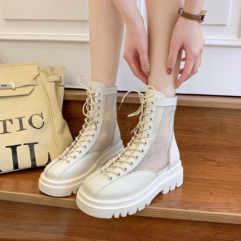 Thick-Soled White Mesh Hollow Short Boots Women