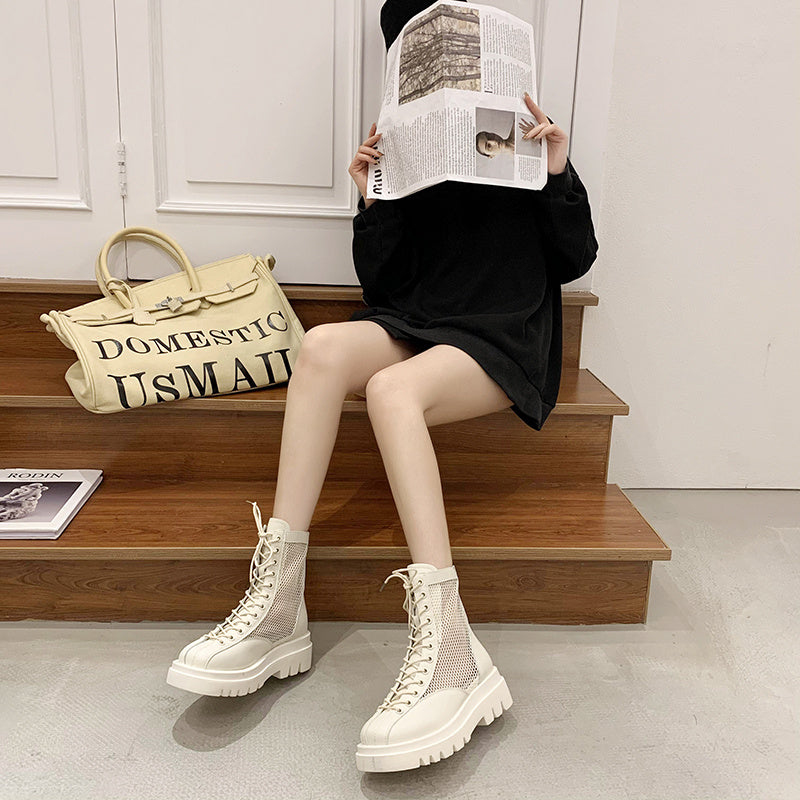 Thick-Soled White Mesh Hollow Short Boots Women