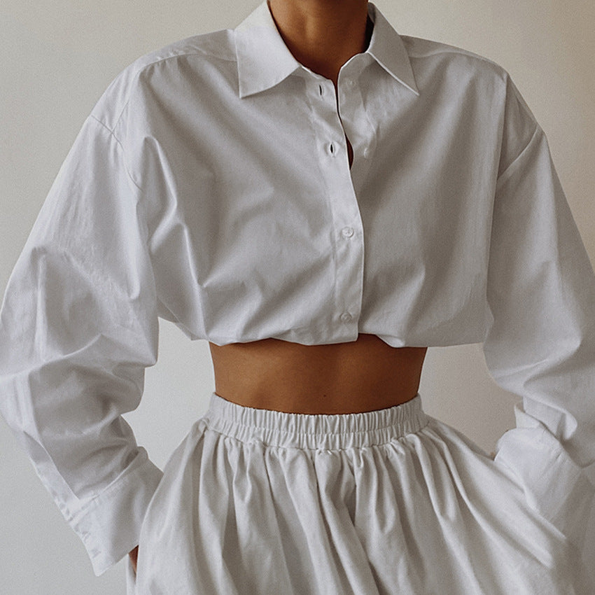 Women S White Lapel Long-Sleeved Shirt