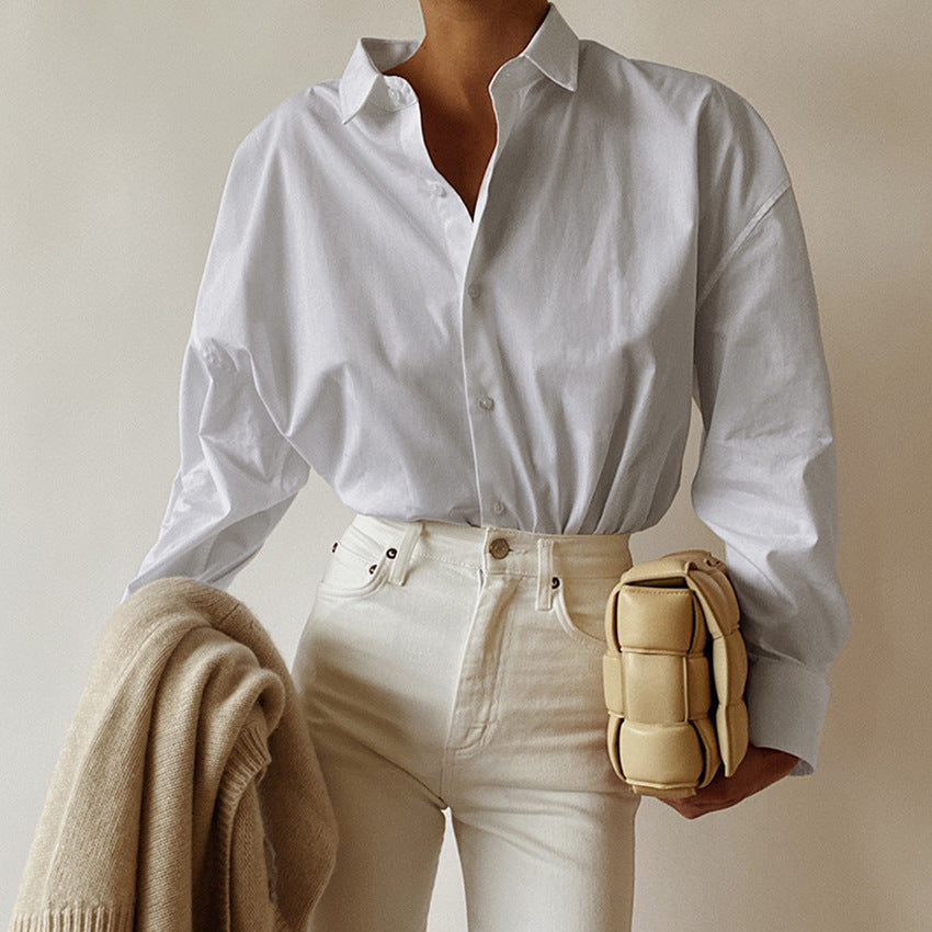 Women S White Lapel Long-Sleeved Shirt